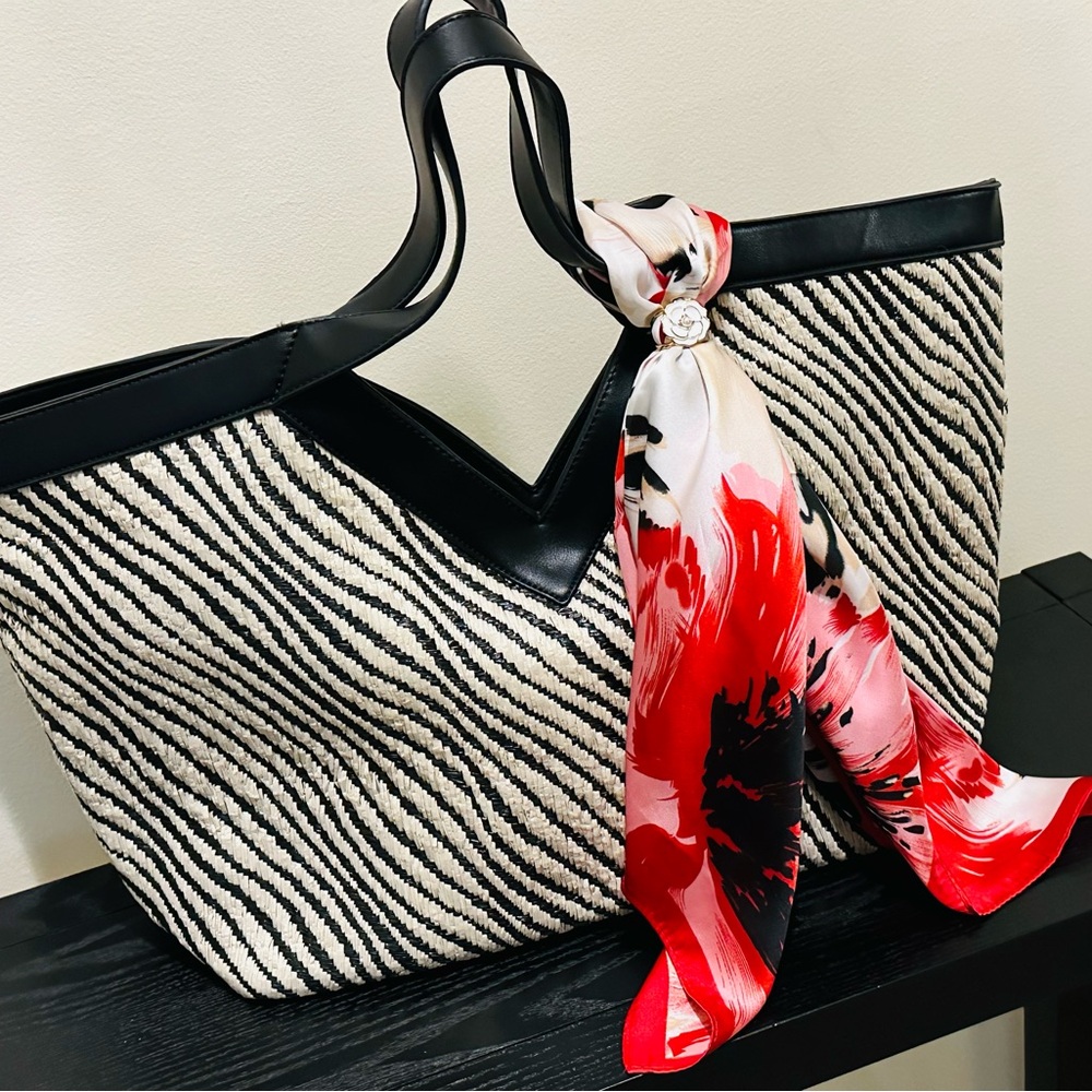 Striped Black & Tan Large Tote Bag with Red Floral Scarf